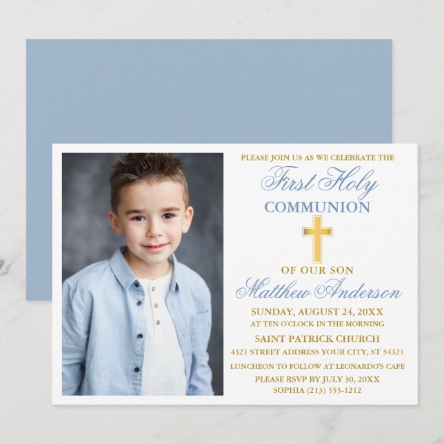 First Holy Communion Photo Dusty Blue Gold Invitation (Front/Back)