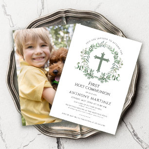 First Holy Communion Photo Eucalyptus Wreath Invitation