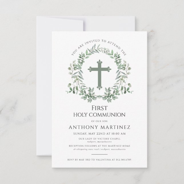 First Holy Communion Photo Eucalyptus Wreath Invitation (Front)