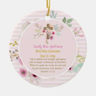 First Holy Communion PHOTO Gift Grils Pink Flowers Ceramic Tree Decoration
