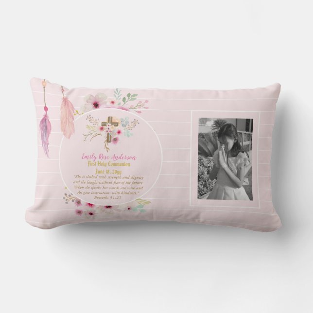 First Holy Communion PHOTO Gift Grils Pink Flowers Lumbar Cushion (Front)