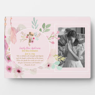 First Holy Communion PHOTO Gift Grils Pink Flowers Plaque
