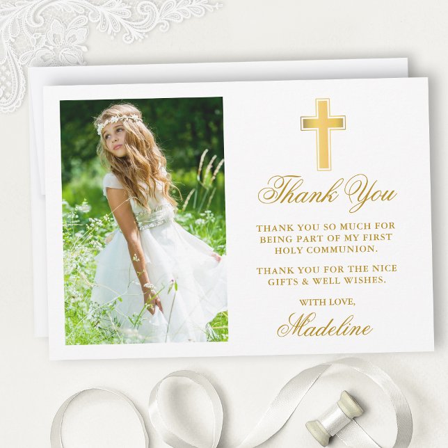 First Holy Communion Photo Gold Rounded Thank You Card (Customize to change text size, style, color or to add more text or photos to back of card.)