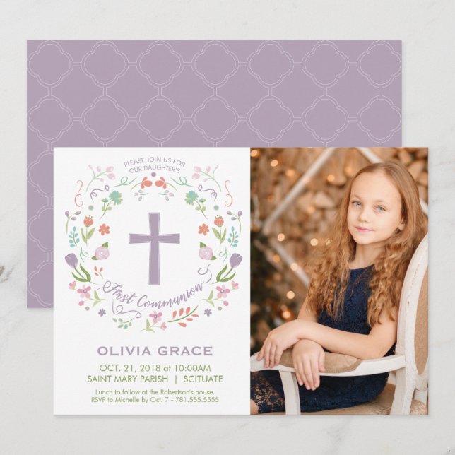 First Holy Communion Photo Invitation, Girl Invite (Front/Back)