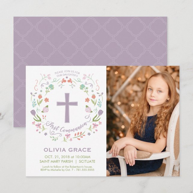 First Holy Communion Photo Invitation, Girl Invite (Front/Back)