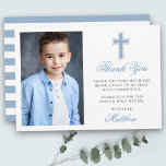 First Holy Communion Photo Light Blue Striped Thank You Card<br><div class="desc">Elegant First Holy Communion Thank You Card with Silver Cross. Photo Front. Light Blue Script. Striped Back.</div>