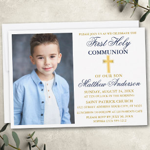 First Holy Communion Photo Navy Blue and Gold Invitation