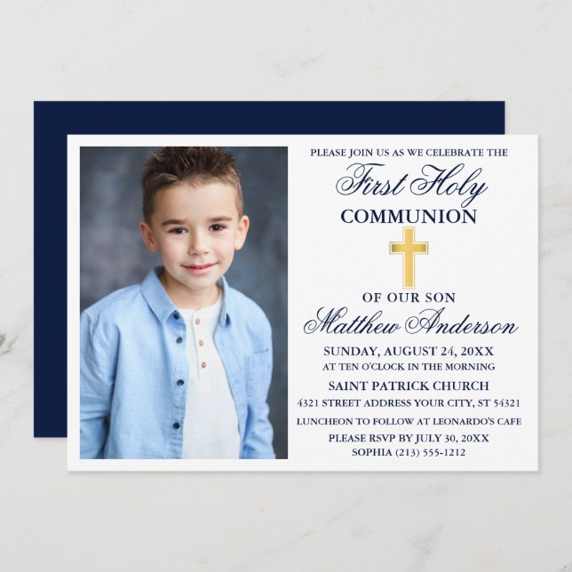 First Holy Communion Photo Navy Blue Gold Cross Invitation (Front/Back)