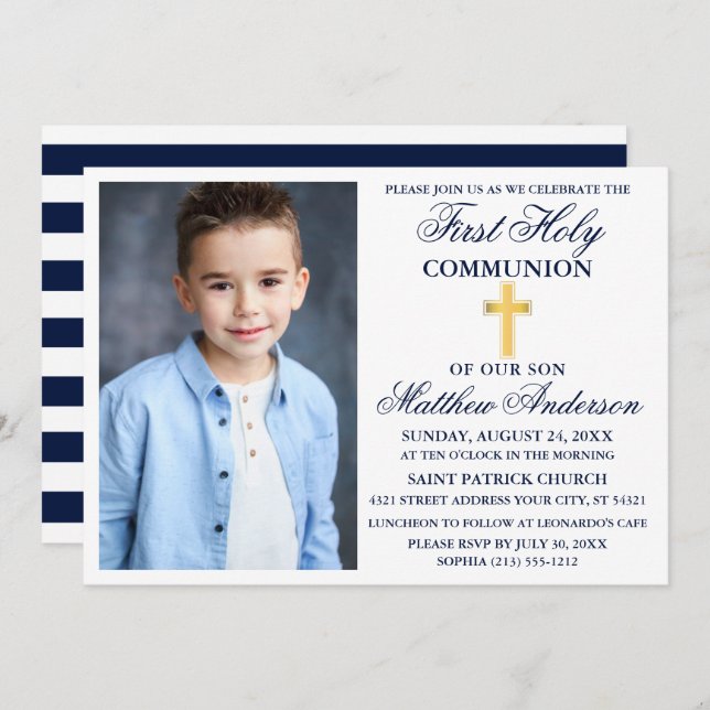 First Holy Communion Photo Navy Blue Gold Striped Invitation (Front/Back)