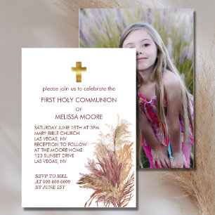 First Holy Communion Photo Pink Pampas Elegance  Invitation