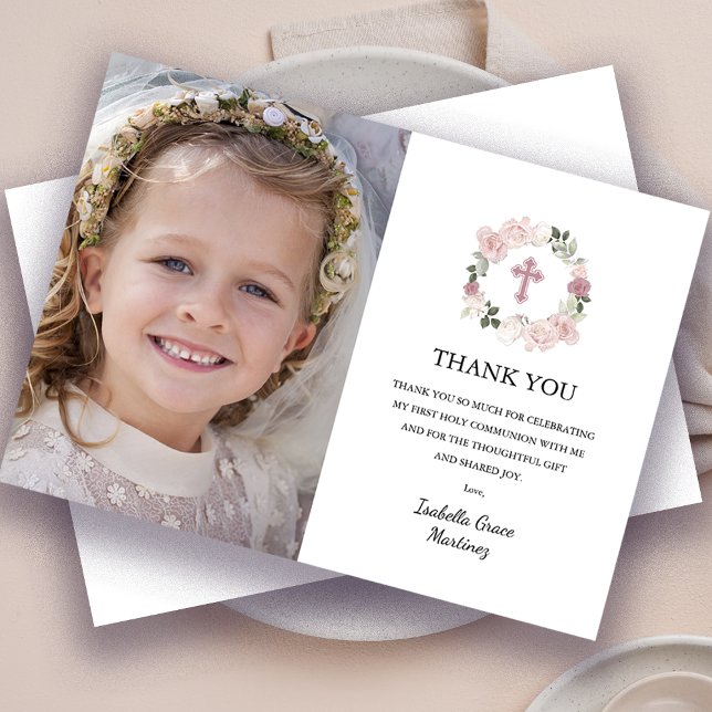 First Holy Communion Photo Pink Rose Flower Thank You Card (Creator Uploaded)