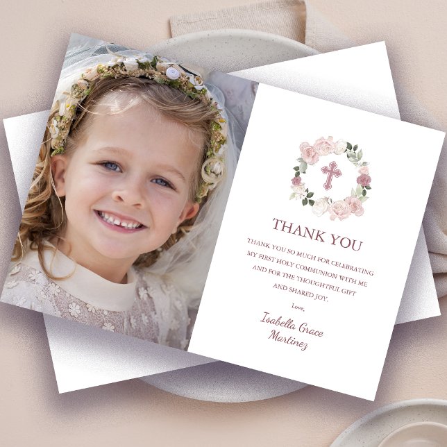 First Holy Communion Photo Pink Rose Flower Thank You Card (Creator Uploaded)