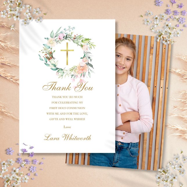 First Holy Communion Photo Roses Floral Gold Thank You Card (First Holy Communion Photo Roses Floral Gold Thank You Card)