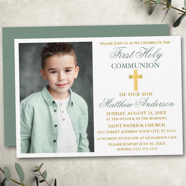 First Holy Communion Photo Sage Green Gold Invitation (Customize to change text color,  size, style or to change color of back of card.)