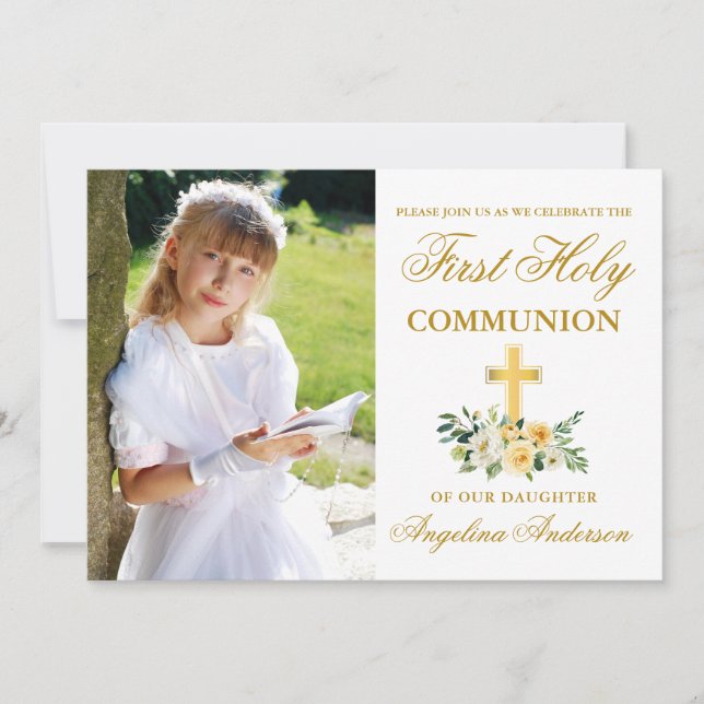 First Holy Communion Photo Yellow White Floral Invitation (Front)