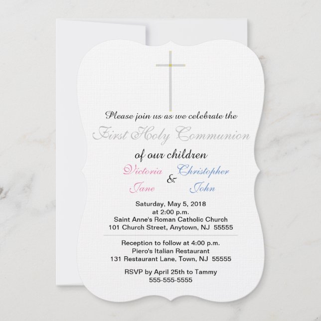 First Holy Communion Pink Blue Twins Invitation (Front)