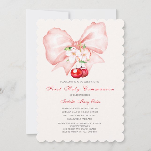First Holy Communion Pink  Bow Cherry Invitation (Front)