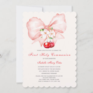 First Holy Communion Pink Bow Cherry Invitation