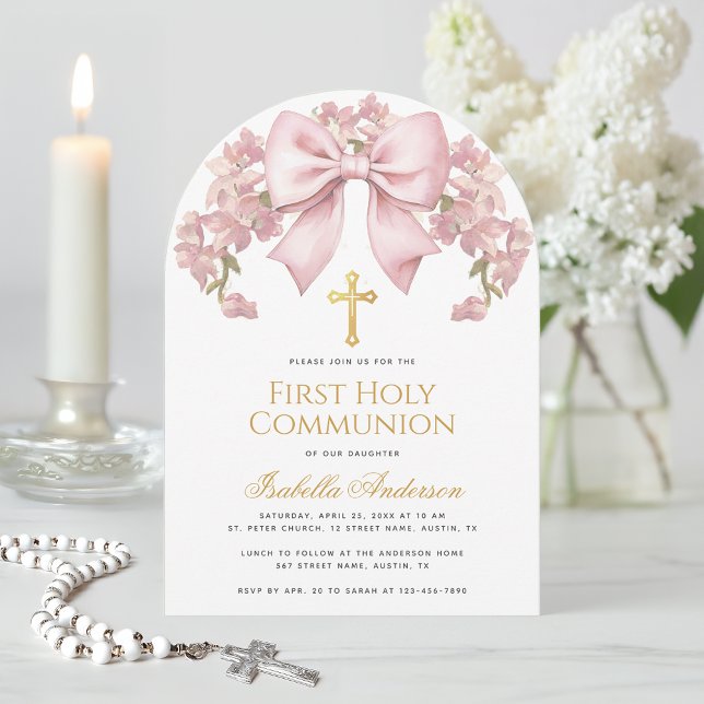 First Holy Communion Pink Bow Floral Elegant Girl Invitation (Creator Uploaded)