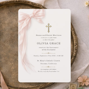 First Holy Communion Pink Bow Girl  Invitation