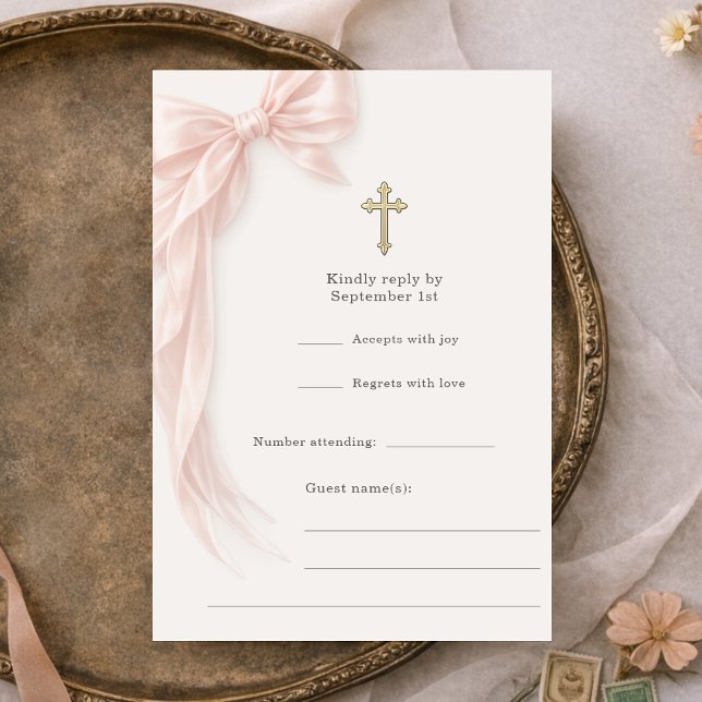 First Holy Communion Pink Bow Girl RSVP Invitation (Creator Uploaded)