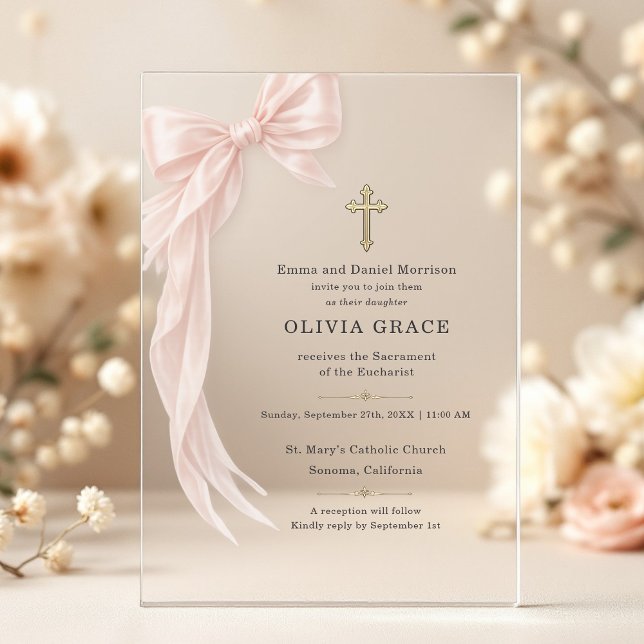 First Holy Communion Pink Coquette Bow Girl  Acrylic Invitations (Creator Uploaded)