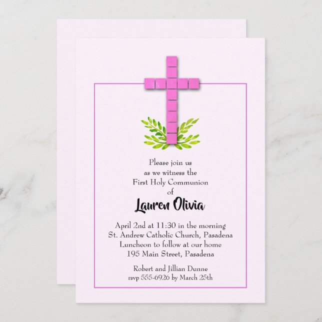 First Holy Communion Pink Cross Invitations (Front/Back)