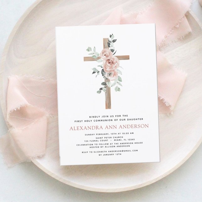 First Holy Communion Pink Dusty Rose Greenery  Inv Invitation (Creator Uploaded)