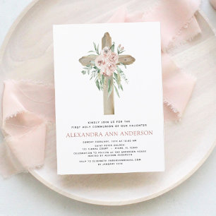 First Holy Communion Pink Dusty Rose Greenery  Inv Invitation