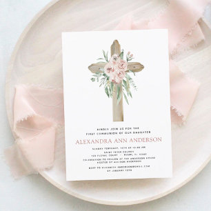 First Holy Communion Pink Dusty Rose Greenery  Inv Invitation