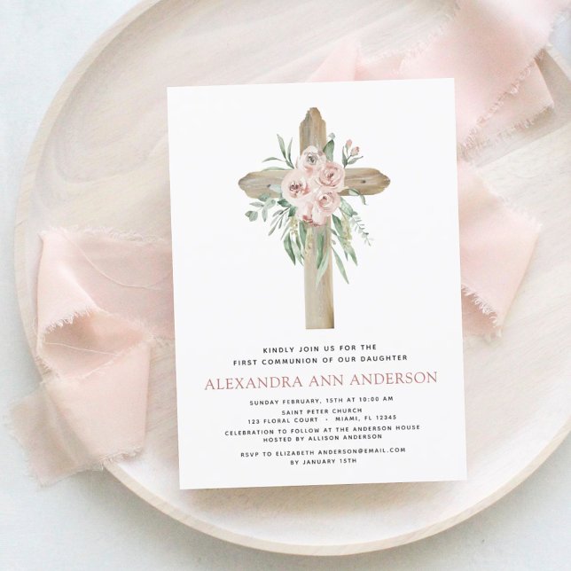 First Holy Communion Pink Dusty Rose Greenery  Inv Invitation (Creator Uploaded)
