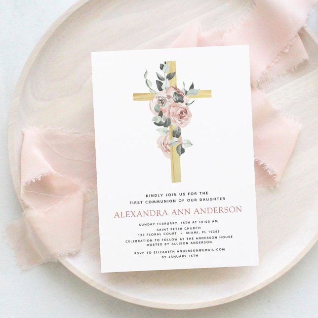 First Holy Communion Pink Dusty Rose Greenery  Inv Invitation (Creator Uploaded)