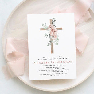 First Holy Communion Pink Dusty Rose Greenery  Inv Invitation