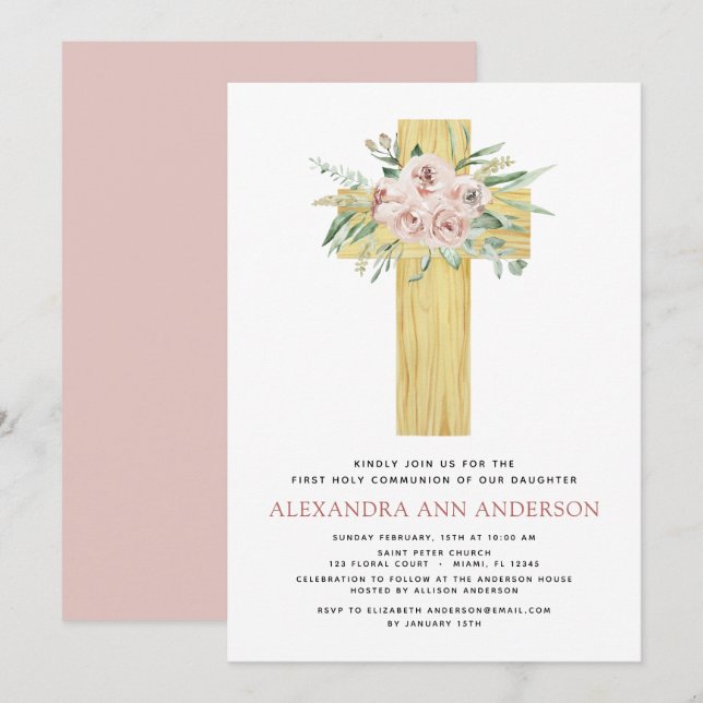 First Holy Communion Pink Dusty Rose Greenery  Invitation (Front/Back)