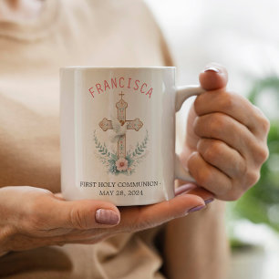 First Holy Communion Pink Floral Cross and Dove Coffee Mug