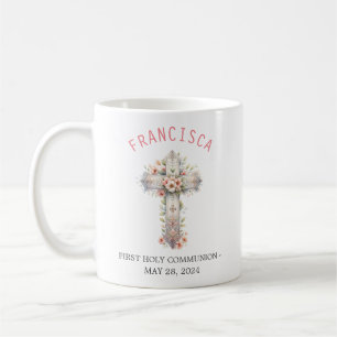 First Holy Communion Pink Floral Cross Coffee Mug
