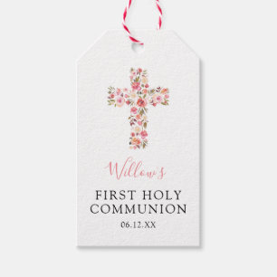 First Holy Communion Pink Floral Cross Favour Gift Tags