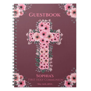 First Holy Communion Pink Flower Cross Guest Book