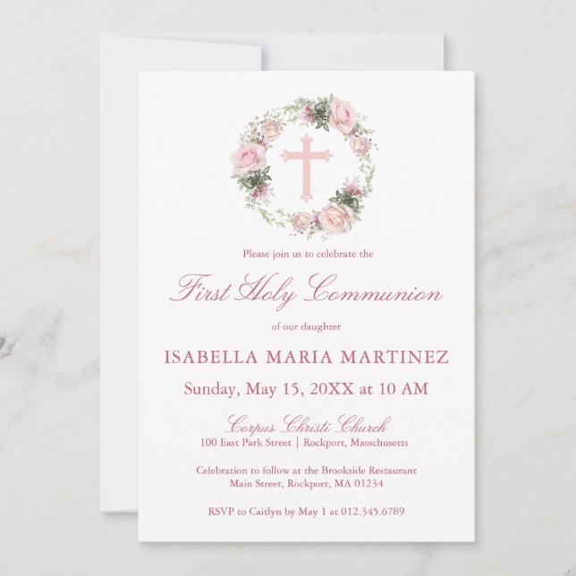 First Holy Communion Pink Rose Floral Invitation (Front)
