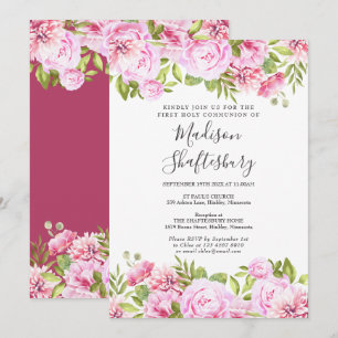 First Holy Communion Pink Rose Floral Invitation