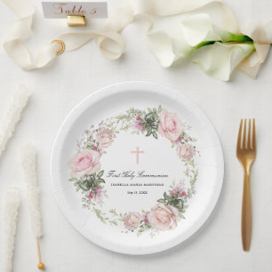 First Holy Communion Pink Rose Flower Cross Paper Plate