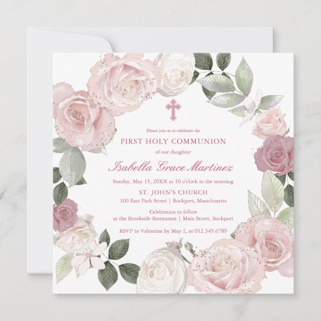 First Holy Communion Pink Rose Flower Invitation (Front)