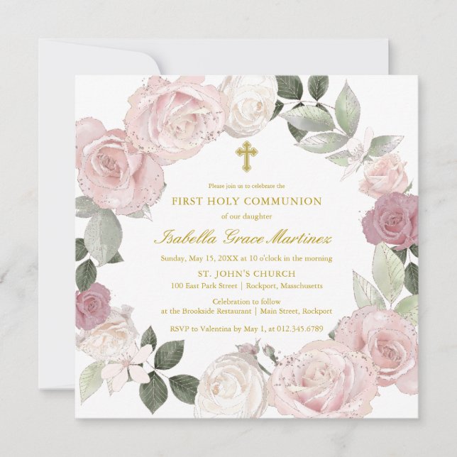 First Holy Communion Pink Rose Flower Invitation (Front)