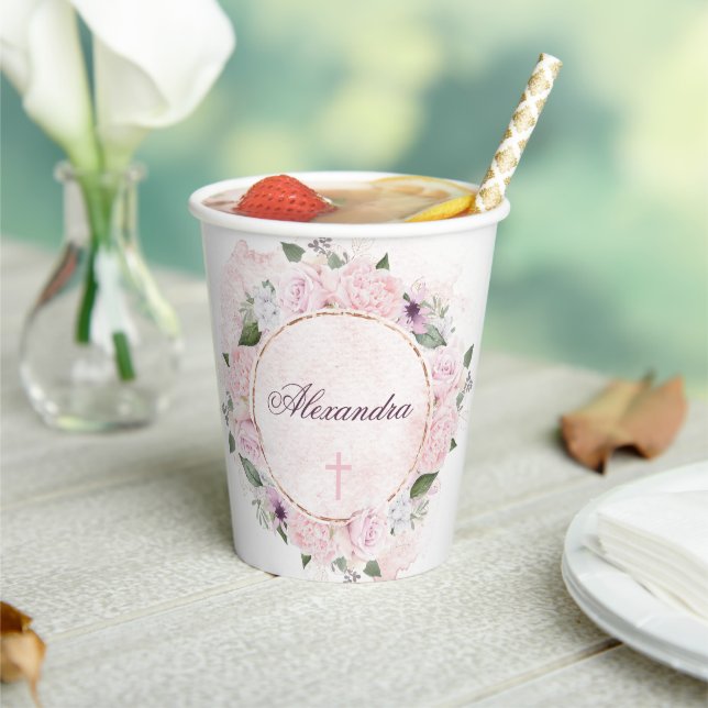 First Holy Communion Pink Roses  Paper Cups (Insitu)