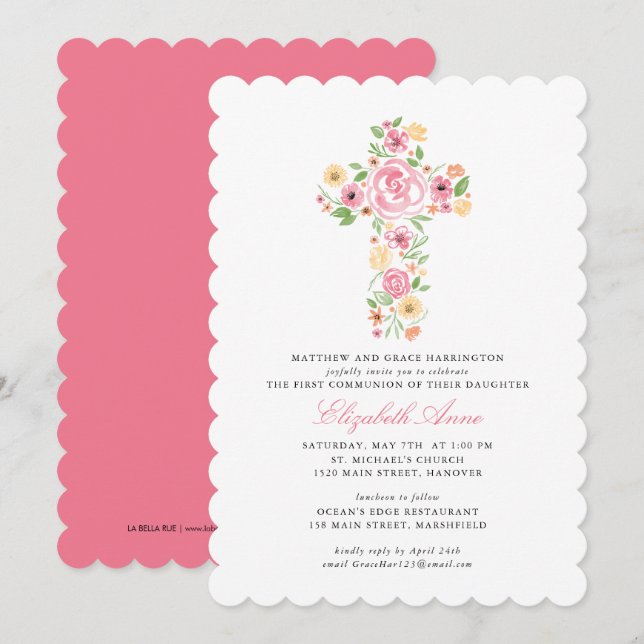 First Holy Communion Pink Watercolor Flower Cross Invitation (Front/Back)