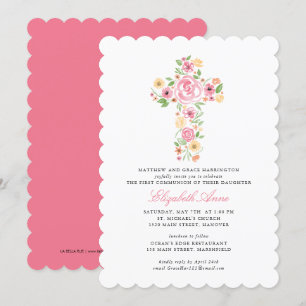 First Holy Communion Pink Watercolor Flower Cross Invitation