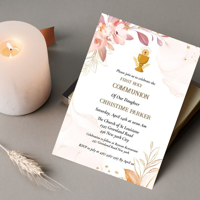 First holy communion pink watercolor splash  invit invitation (Creator Uploaded)