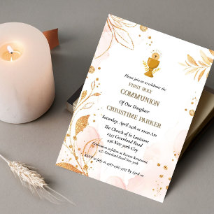 First holy communion pink watercolor splash  invitation