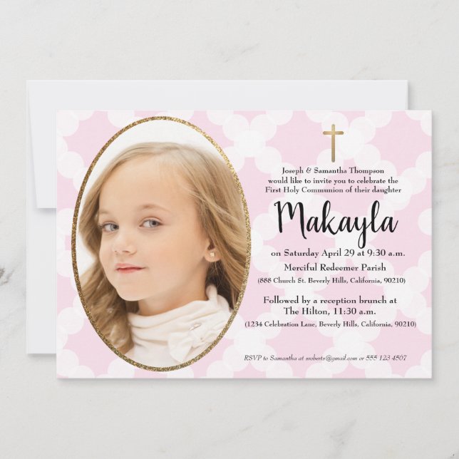 First Holy Communion pink white gold Invitation (Front)