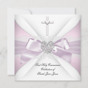 First Holy Communion Pink White Silver Heart Girl Invitation